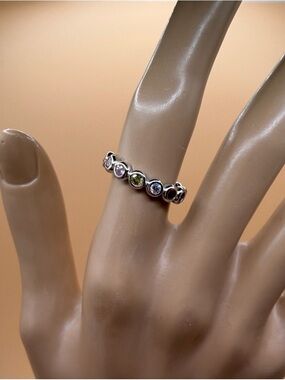 Sterling Silver Multi-Gemstone Bezel Band Ring - Green & Clear Stones